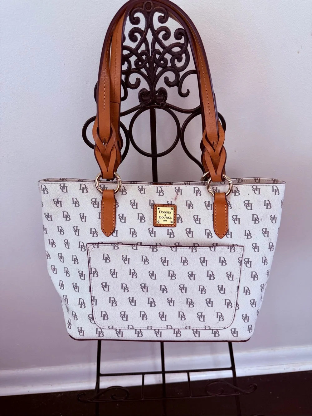 Dooney & Bourke White Logo Tote with Tan Leather Handles and Gold Plaque